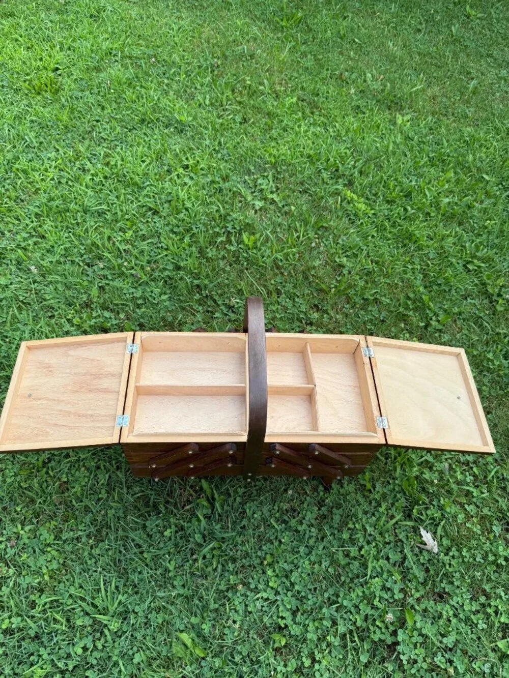 Vintage Wooden Accordion Sewing Box Romania Handle Tiered Cabinet Chest Wood Sto